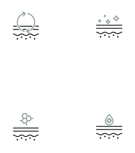 idPN注射効果を示すアイコン – 肌再生促進・肌バリア強化・小ジワ軽減・肌トーン均一化・肌質改善・痛み軽減